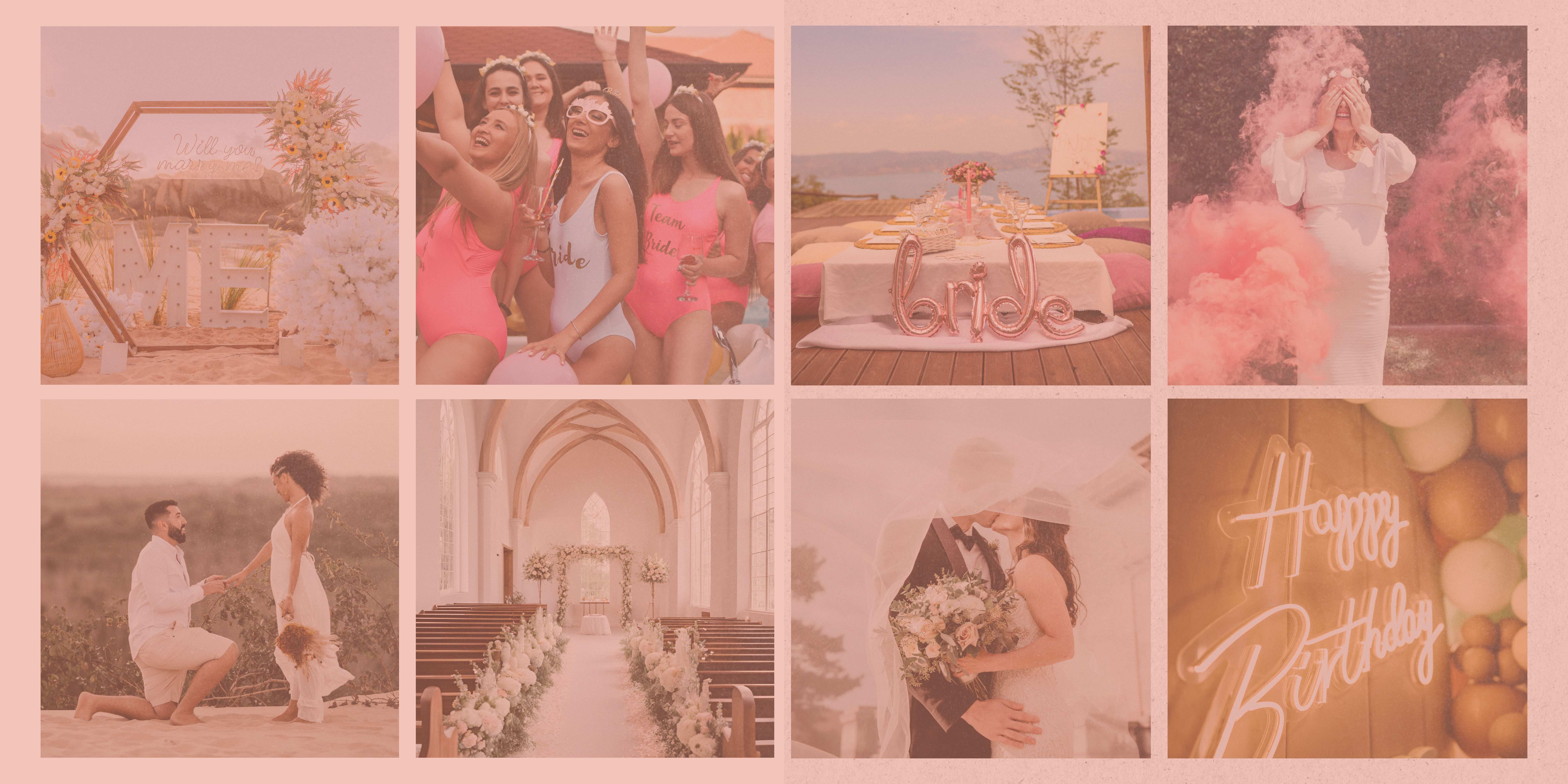 Moodboard représentant différents événements célébrés par Moments by Cha : fiançailles, mariage, baby shower, anniversaire, et plus